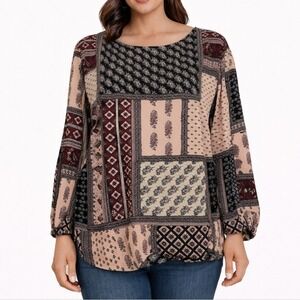 DRESSBARN Size Large Multicolor Patchwork Fabric 3/4 Sleeve Knot Front Blouse